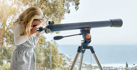 Image showing Young kids, telescope and day learning about planets, moon and sky in space outdoors. Curious girl play, watch and study views of universe, natural science and nature for fun educational development