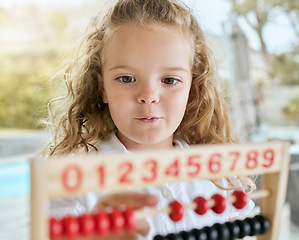 Image showing Abacus, math and kid learning numbers development with play beads, fun calculator and educational game. Happy, curious and excited kindergarten girl child counting toy, mathematics and home school