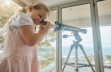 Image showing Young kids, telescope and home learning about planets, stars and sky in space. Excited, curious and happy girl play, watch and study view of universe, science and moon for fun educational development