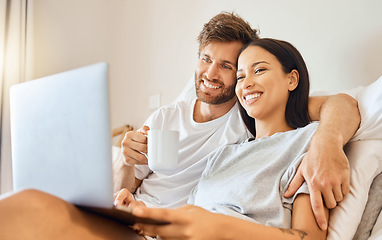 Image showing Love, couple and laptop with a man and woman streaming series or a subscription service online in their home. Internet, movies and series with a young boyfriend and girlfriend in their house together