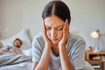 Image showing Woman, insomnia or headache pain on bed from stress, burnout or health fatigue problem at night in home bedroom. Indian girl tired, sick and suffering from head migraine, tension or temple injury