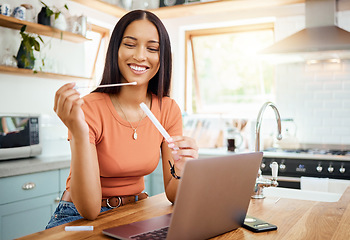 Image showing Home covid test, woman at table check healthcare and digital innovation technology. Online telehealth patient with medical pcr kit in hand, happy smile with rapid antigen and corona virus infection