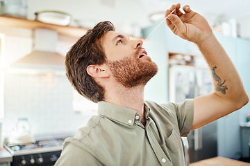 Image showing Covid, sick and man in PCR test at home in the kitchen for self healthcare, wellness and safety. Male practicing safe health testing nose for corona virus in quarantine inspection at the house