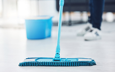 Image showing Woman, floor mop and cleaning housekeeping product for home cleaner in hygiene bacteria maintenance. Employee service zoom, maid and worker in healthcare spring clean of office building interior room