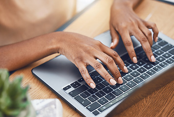 Image showing Hands, laptop and black woman software developer of cybersecurity programming company coding for website. Web designer, SEO and UX programmer girl work on website online UI and internet user data