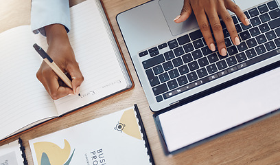 Image showing Writing paper, woman hands and laptop for finance planning, investment and savings in office. Zoom on accounting employee and insurance worker with financial budget for loan and write note in a book