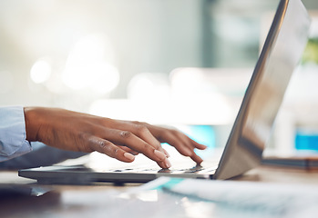 Image showing Hands typing, research and working business woman on a work laptop busy with marketing data. Online planning, web search and internet browsing black female journalist writing email or article on tech