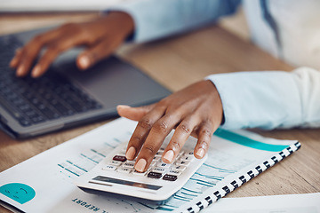 Image showing Calculator, accounting and financial accountant with finance documents to check sales revenue of the company in an office. Data analysis, inflation and African employee working on budget spreadsheet