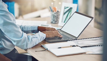 Image showing Business woman hands typing on laptop, research or working on accounting, finance or marketing data. Corporate person, pc tech computer and reading, writing email or planning a budget in the office