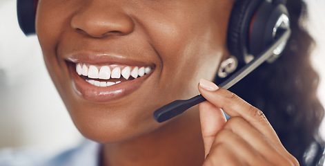 Image showing Call center agent, smile and black woman telemarketing operator or consultant talking on headset for customer service. Closeup mouth of happy female worker in contact us and crm support company