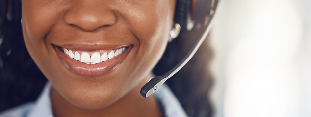 Image showing Telecom, call center and customer support consultant will help you with sales, loan and insurance assistance. Happy, contact us and black woman in headset consulting and helping clients with a smile