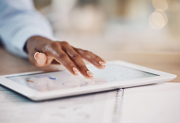 Image showing Hands, tablet and finance with the hand of a business woman working online in her office at work. Accounting, banking and management with a female employee planning a strategy for future growth