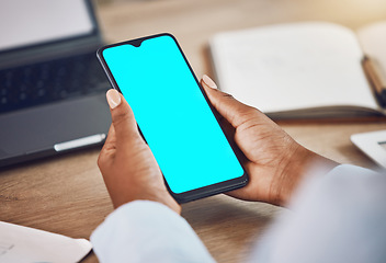 Image showing Phone, green screen and mockup with a blue background on a screen for marketing and advertising. Contact us, wifi and communication for product placement, logo or brand on a cellphone in hands