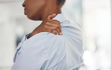 Image showing Corporate woman and shoulder pain injury inflammation and backache problem with back view. Business person with chiropractic disorder holding muscle to touch physical pressure in joint.