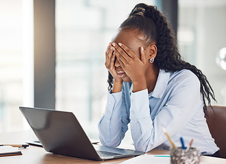Image showing Stress, sad and burnout business woman in office with laptop from depression, mental health or anxiety. Employee with 404, glitch or tech error with tax, audit and report mistake or headache at work