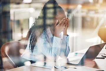 Image showing Stress, anxiety and burnout with a business woman suffering with mental health in her office at work. Headache, fatigue and overtime with a stressed female employee at work on a laptop at her desk