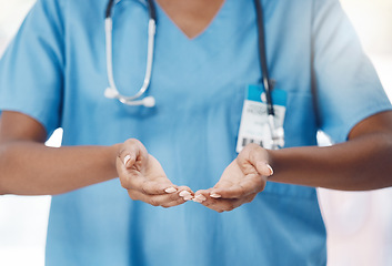 Image showing Hands of hospital nurse offer help, trust and support with health safety, healing and healthcare. Black woman, medicine clinic worker or medical employee palm lifting and hope for wellness motivation