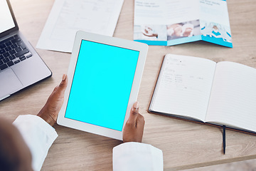 Image showing Telehealth doctor, green screen mockup on digital tablet and virtual healthcare analysis, clinic service and surgery planning online. Above medical hands, blue research website and internet tech apps