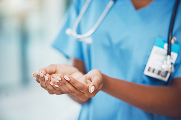 Image showing Medicine, woman healthcare and doctors hands with mock up for marketing, advertising or sale of medical product. Hospital, trust and insurance with a health professional and mockup