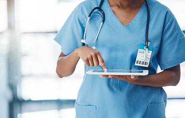 Image showing Nurse, hands and digital tablet for test data, lab results and medicine research for medical worker in hospital. Zoom on healthcare black woman, working wellness person and insurance employee on tech