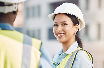 Image showing Building engineer, construction worker or engineering woman with smile, motivation or property vision for real estate architecture. Happy development employee or leader in site teamwork collaboration