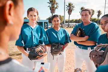 Image showing Coach of girl team in baseball, give strategy to players before game or match. Trainer of woman softball squad in huddle, give talk on teamwork and plan, for winning sport competition or trophy