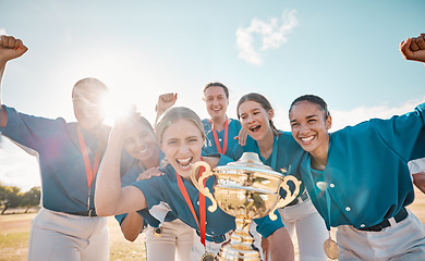 Image showing Girls, baseball team and success trophy with winner, wow and game celebration on fitness stadium field. Smile, happy or excited sports women in collaboration exercise, teamwork training and workout