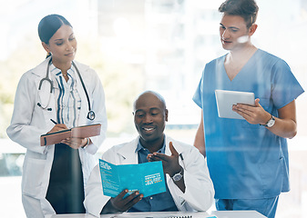 Image showing Diversity doctors, team and healthcare planning, collaboration and teamwork in meeting in hospital office. Medical, leadership and nurse with communication, strategy and disease information review.