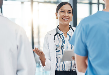 Image showing Teamwork, digital tablet or woman healthcare doctor planning, research collaboration or medical consulting in hospital. Communication, strategy or innovation health people with vision or motivation