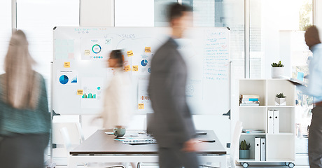 Image showing Working, busy office and business team worker moving fast in a company. Corporate staff walking and ready to start career work strategy project for company growth, staff growth and employee vision