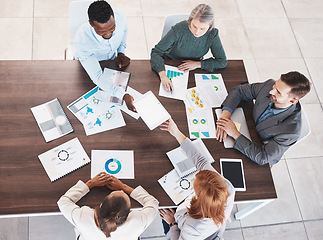 Image showing Business meeting, planning and marketing with employee and top view of documents for strategy, teamwork and collaboration. Vision, conference and support with business people at desk in office