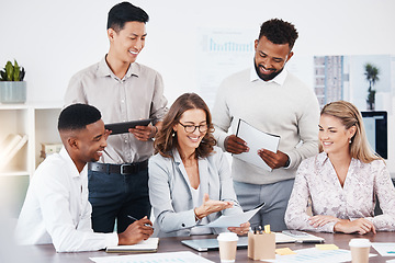 Image showing People, manager and business meeting paperwork discussion, KPI review or finance report with proposal document. Teamwork, leadership and collaboration group talking, planning and working on strategy