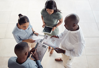 Image showing Corporate data team talking in office, planning strategy business meeting and marketing group compare graphs. Young people working at job, company staff collaboration and startup workforce analysis