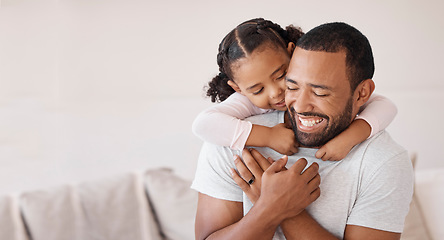 Image showing Kid hugging dad in lounge for happy fathers day, love and care while relaxing, bonding and funny play at home. Mockup with excited girl child, smile parent man and laughing family happiness together