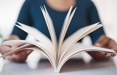 Image showing Books, reading and study with a book in the hands of a woman student studying for university or college exams. Notebook, education and scholarship with a female pupil learning for a test or exam