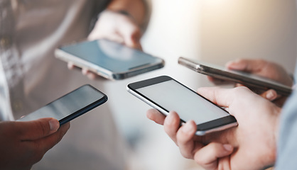 Image showing Hands of people in circle on smartphone, phone or cellphone communication sharing data email. Web, wifi tech and social media group online chat, nfc or connected for gaming app or money transfer.