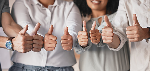 Image showing Thumbs up hands for teamwork, motivation and support at advertising startup company office. Partnership of marketing agency business people in collaboration, trust and success of target goal meeting
