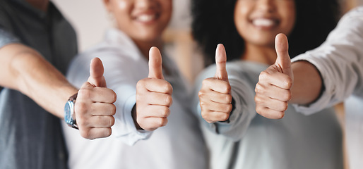 Image showing Success thumbs up, team support and happy with collaboration in office, agreement in training at startup company and motivation for training at work. Thank you, goal and vision for employees