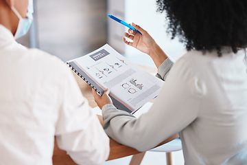 Image showing Finance, growth and report with a business woman reading a document during a meeting in the office. Accounting, teamwork and strategy with a corporate female employee holding a file or folder at work