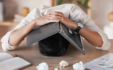 Image showing Stress, frustrated and burnout for man with laptop to cover face, head or skull overwhelmed with paperwork. Marketing business man with crumble paper and frustration from work load, chaos or problem