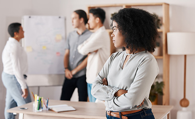 Image showing Angry and frustrated black woman in business meeting team presentation for creative web advertising and marketing agency. African girl or employee with anger problem and arms crossed at management