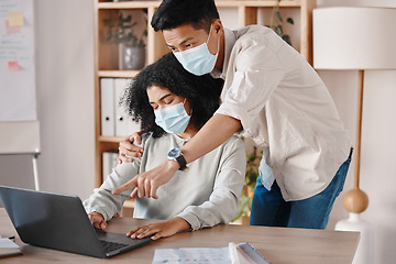 Image showing Covid, sexual harassment and business people on laptop with mask for health, safety or corona virus. Teamwork, training or team on tech computer on office desk working on a project, task or email.