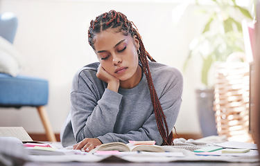 Image showing Study, sticky note and books for girl studying for university, college or school final exam test. Education, learning and black woman or scholarship student working, focus and reading notebook