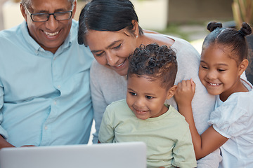 Image showing Video call, laptop and children bonding with grandparents, happy and talking online in their home. Babysitting, kids and online entertainment with mature couple enjoying time with their grandkids