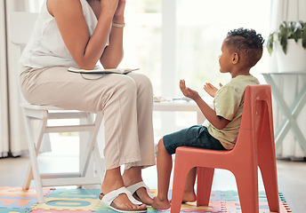 Image showing Autism, education and mental health by therapist and child learning different hand sign to express feelings in living room. Teaching, speech and child development with boy and woman lesson on emotion