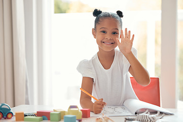 Image showing Learning girl, greeting or homeschool education in distance course, math support or internet study in lockdown. Student portrait, smile or happy child counting on hands and writing answer in notebook