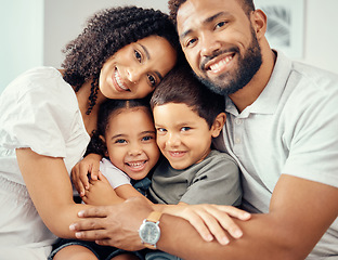 Image showing Man, woman and children in family portrait hug and bonding on house living room sofa or home interior furniture. Happy smile, love couple or mother and father with kids in trust, security and support