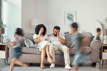 Image showing Stress, couple and family with adhd children running fast in house living room or home interior. Man, woman and parents with burnout, depression and anxiety from autism, energy and mental health kids