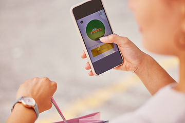 Image showing Woman, phone or transport travel app after retail shopping in clothes sales store in city. Hands, watch or time for waiting customer on France street or road with fashion bag and 5g mobile technology