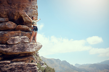 Image showing Mountains, success and hiking woman with view of nature environment, countryside landscape or blue sky background. Happy, exercise power or fitness freedom in sports workout or Colorado rock climbing